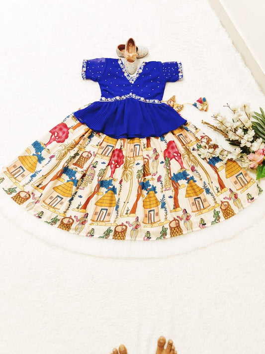 Beige silk small girls lehenga choli saree for kids with price