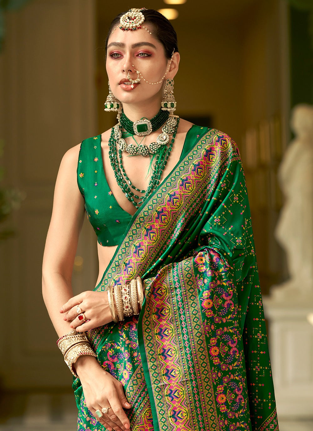 Green color banarasi silk saree for women price
