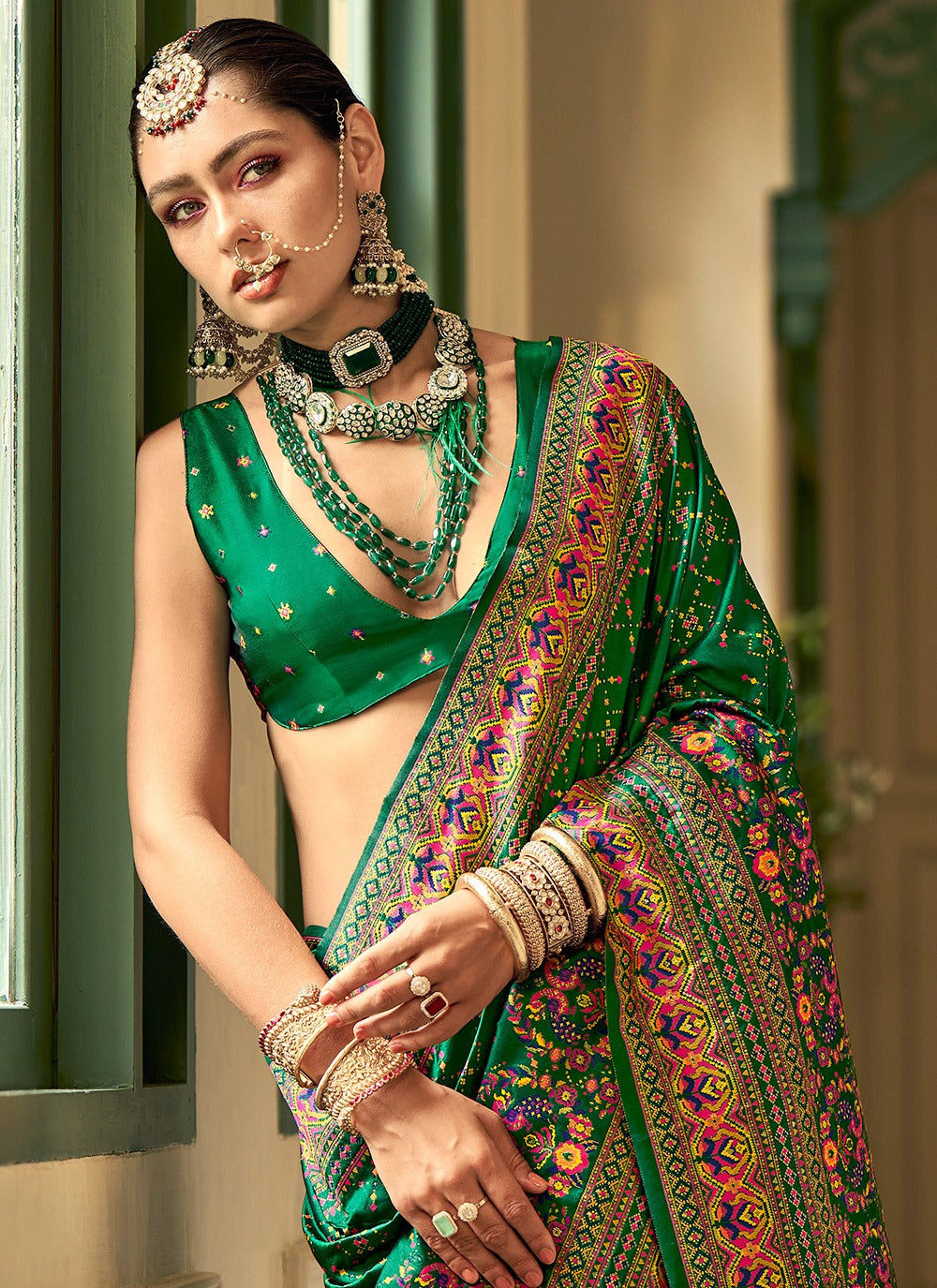 Green Banarasi Saree look