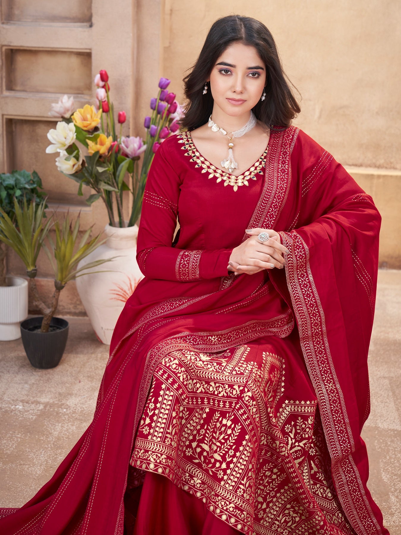 Red color roman silk printed sharara suit for wedding