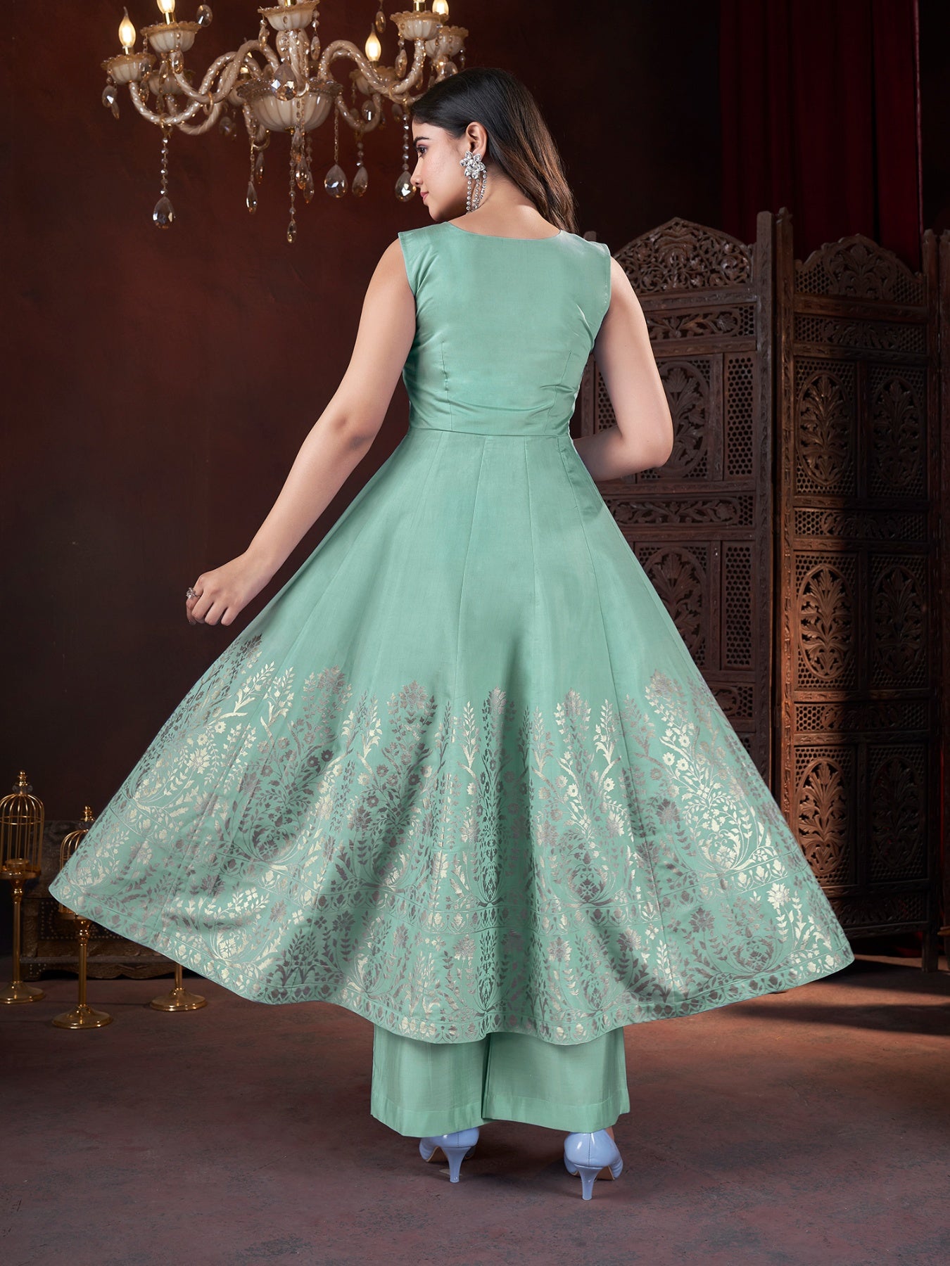 Pista color roman silk printed sharara suit for women with dupatta