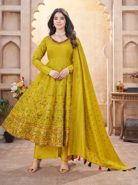 Yellow color roman silk sharara suit with dupatta online shopping