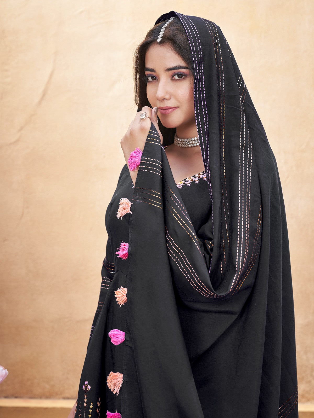 Black color roman silk sharara suit with dupatta