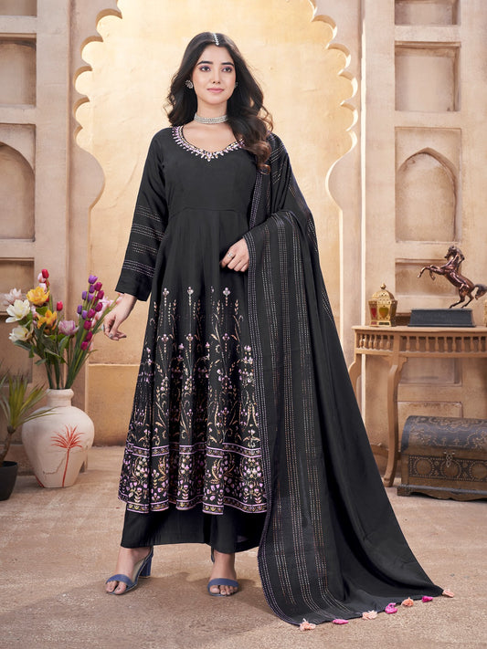 Black color roman silk sharara suit with dupatta images