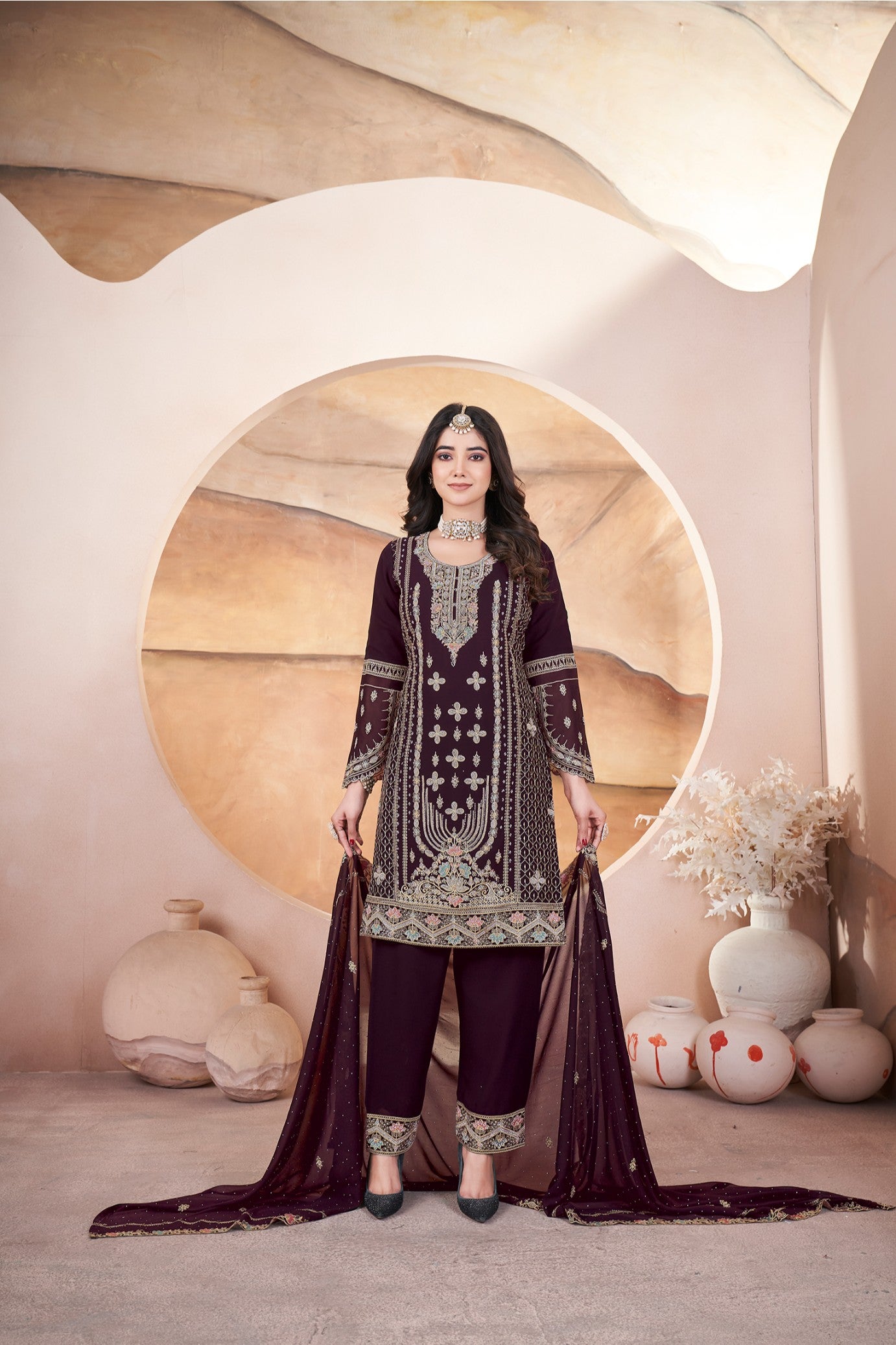 Brown color georgette sharara suit for women