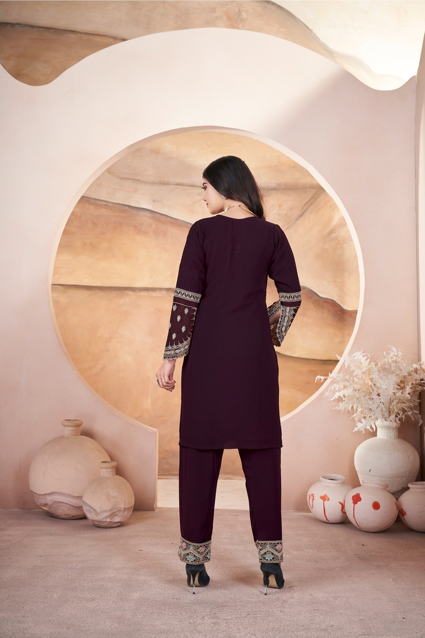 Brown color georgette sharara suit with dupatta online