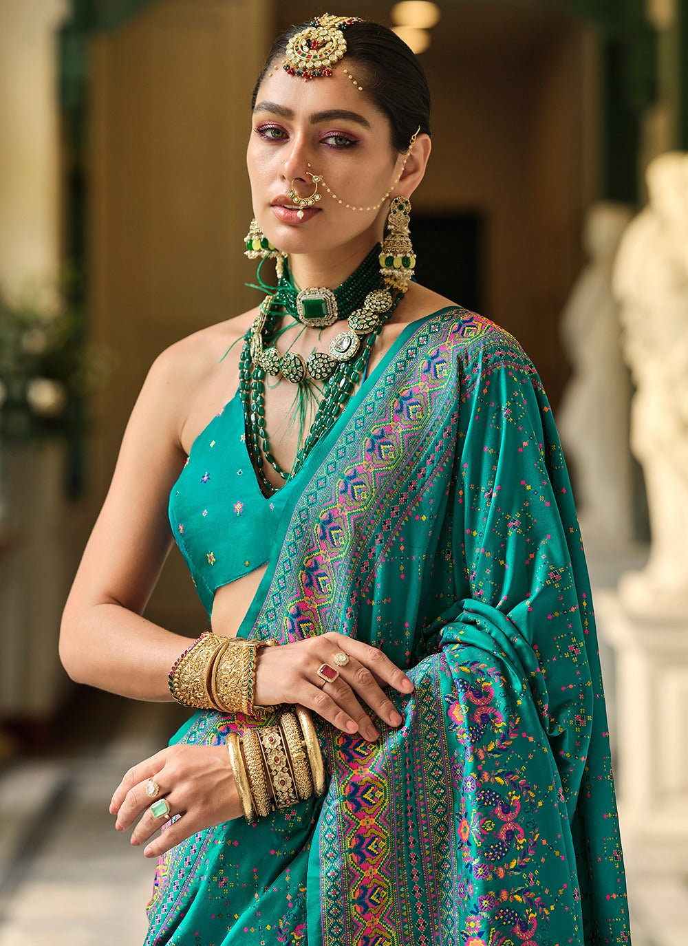 Rama color Silk Saree for women party wear
