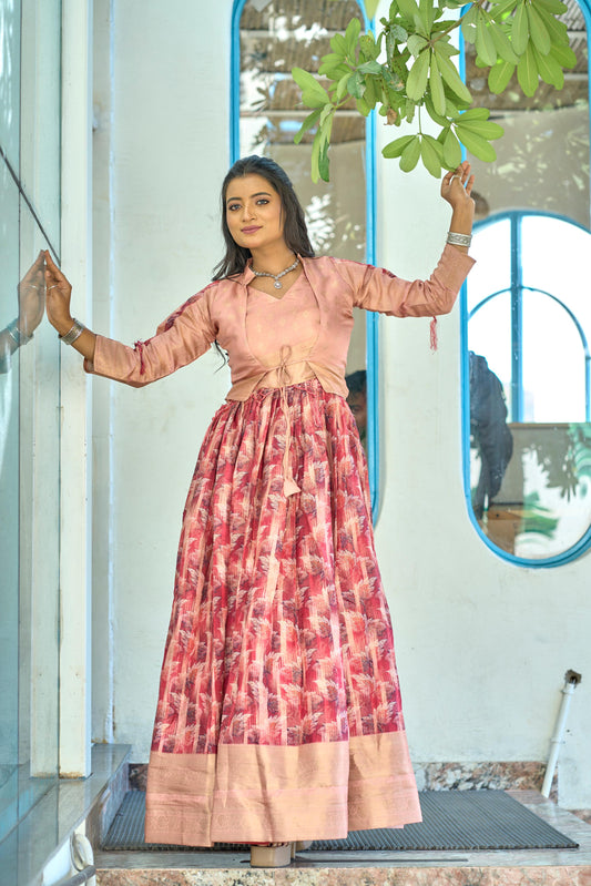 Peach color soft silk long gown with koti price