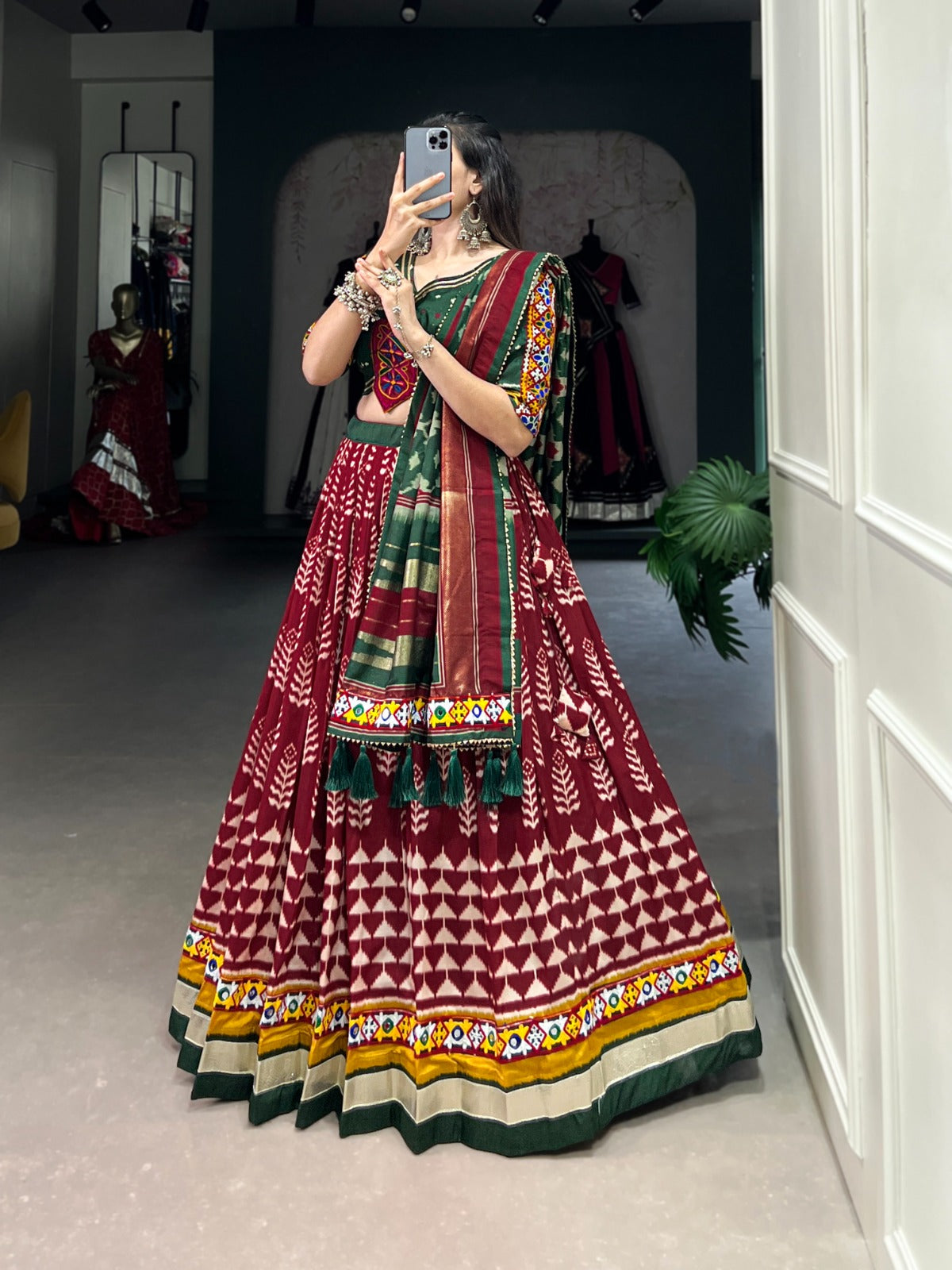 Maroon silk printed gamthi work chaniya choli online shopping