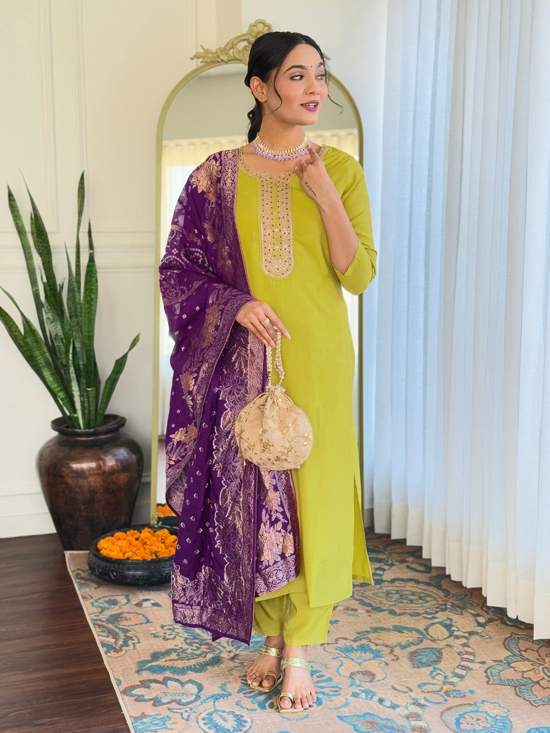 Green color viscose salwar suit for women