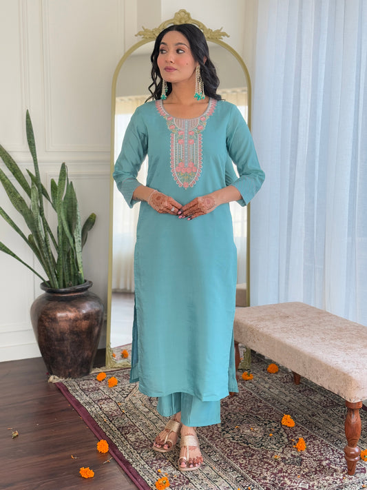 Sky Blue color chanderi salwar suit for women