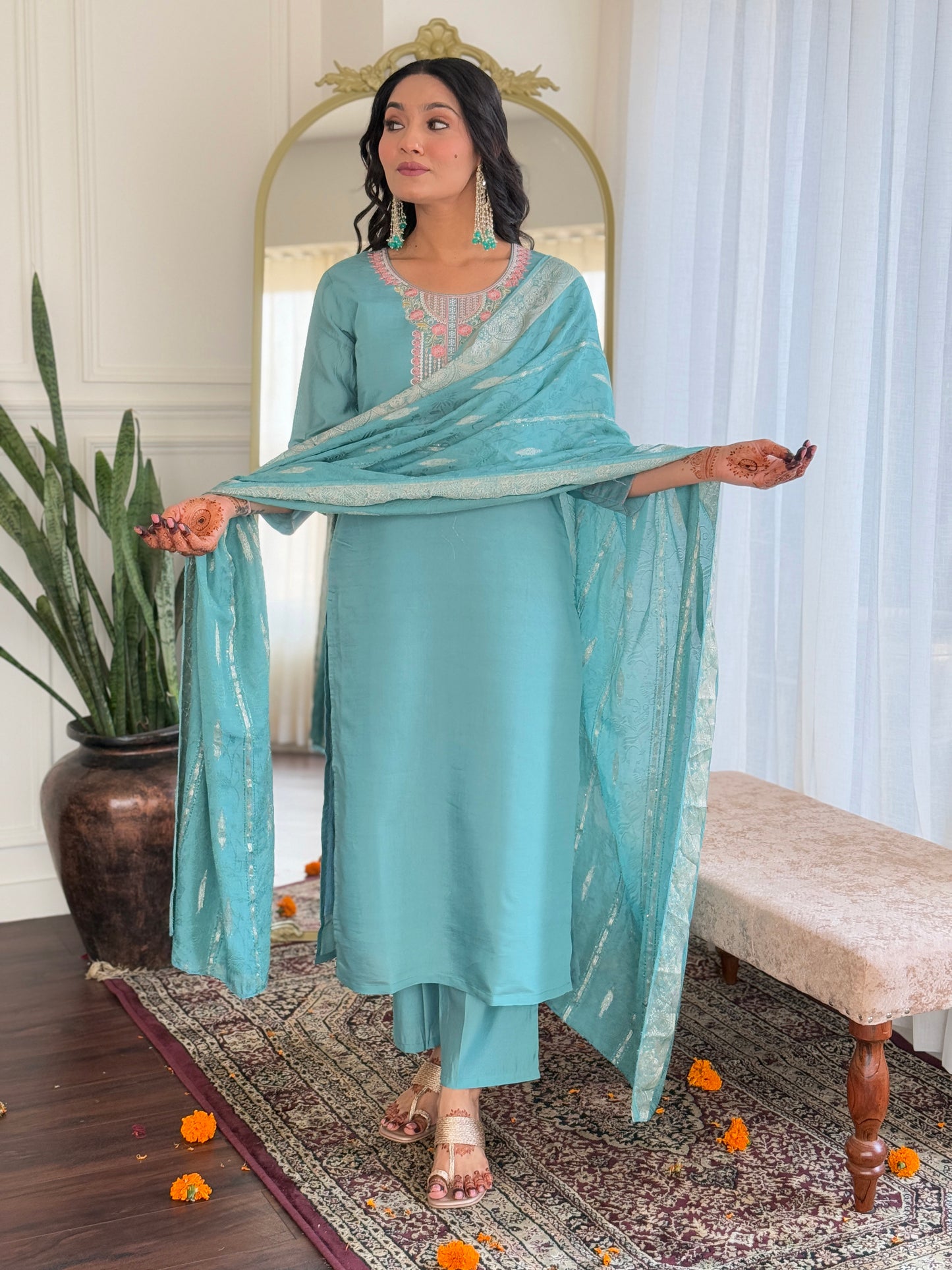 Sky Blue color chanderi salwar suit