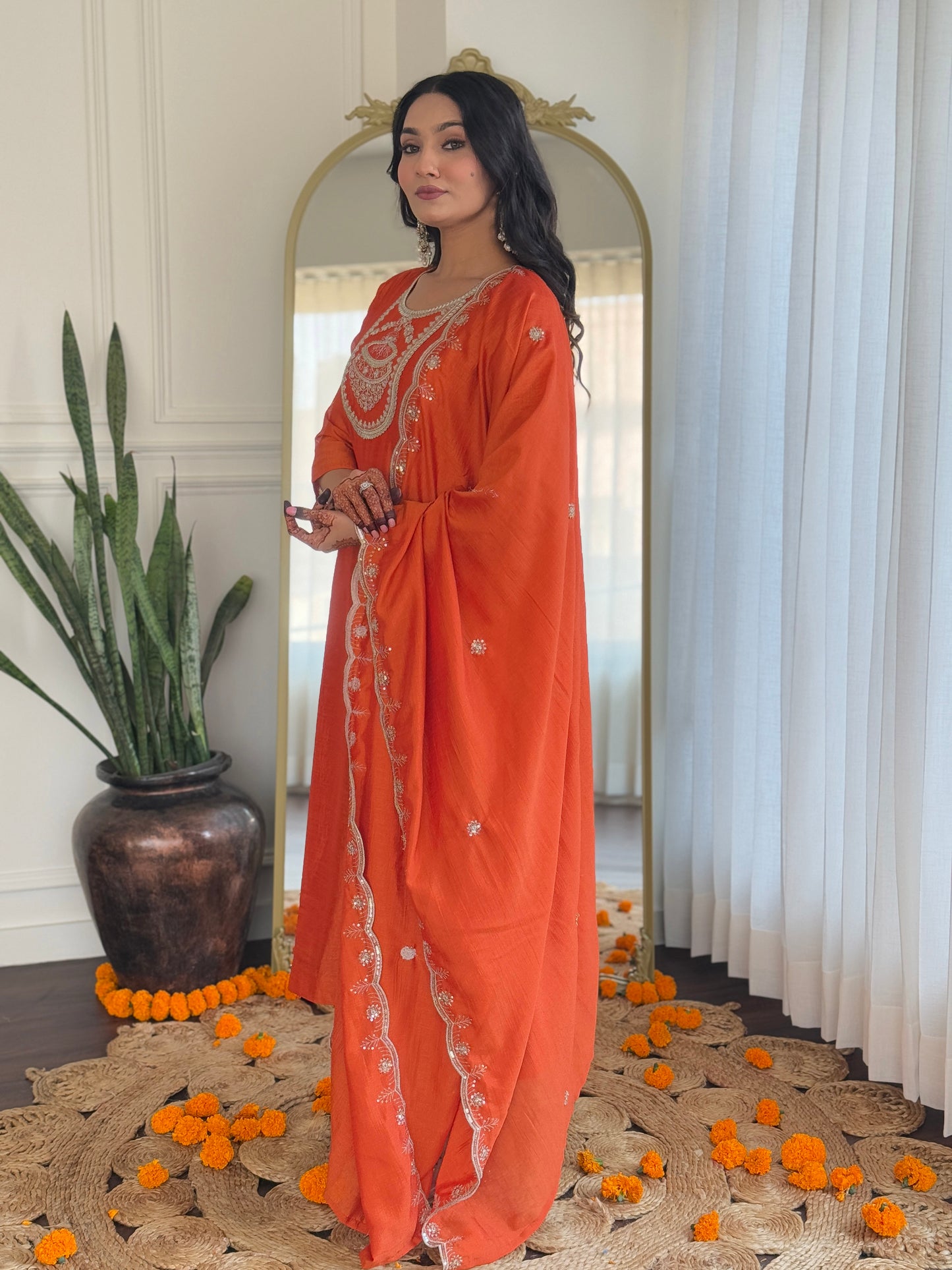 Orange color viscose salwar suit for women with dupatta