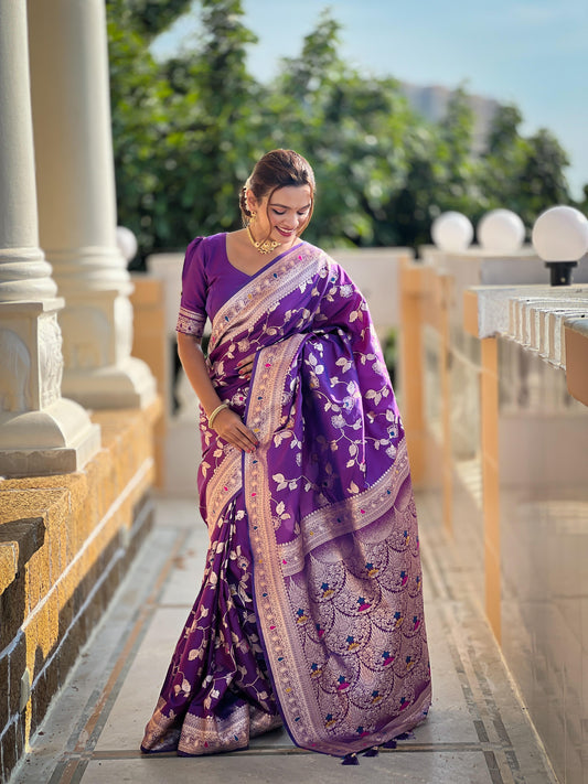 Purple color banarasi silk saree for wedding