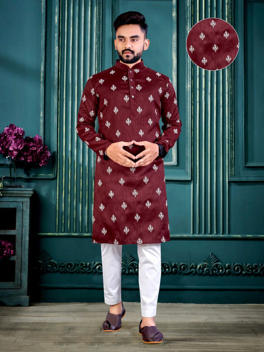 Maroon color lucknowi kurta with pajama