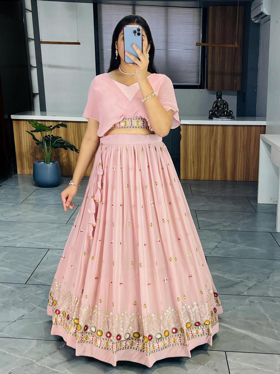 Peach color embroidery work lehenga online