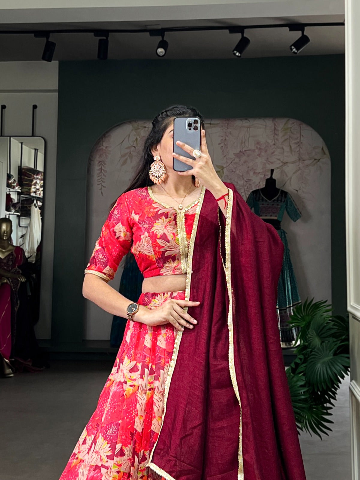 Red tussar silk lehenga choli for women online shopping