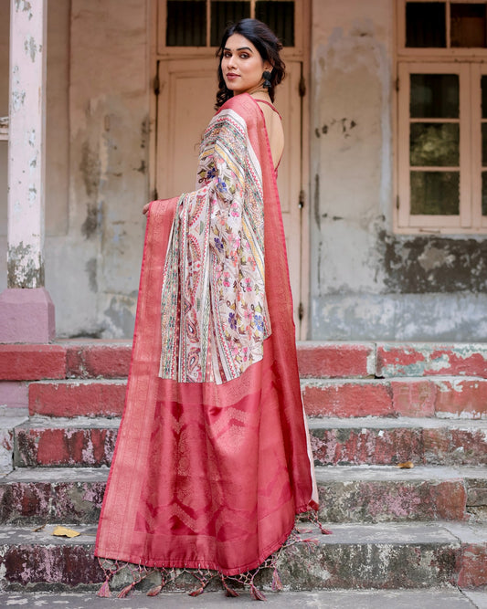 Rose pink color banarasi silk printed saree with blouse