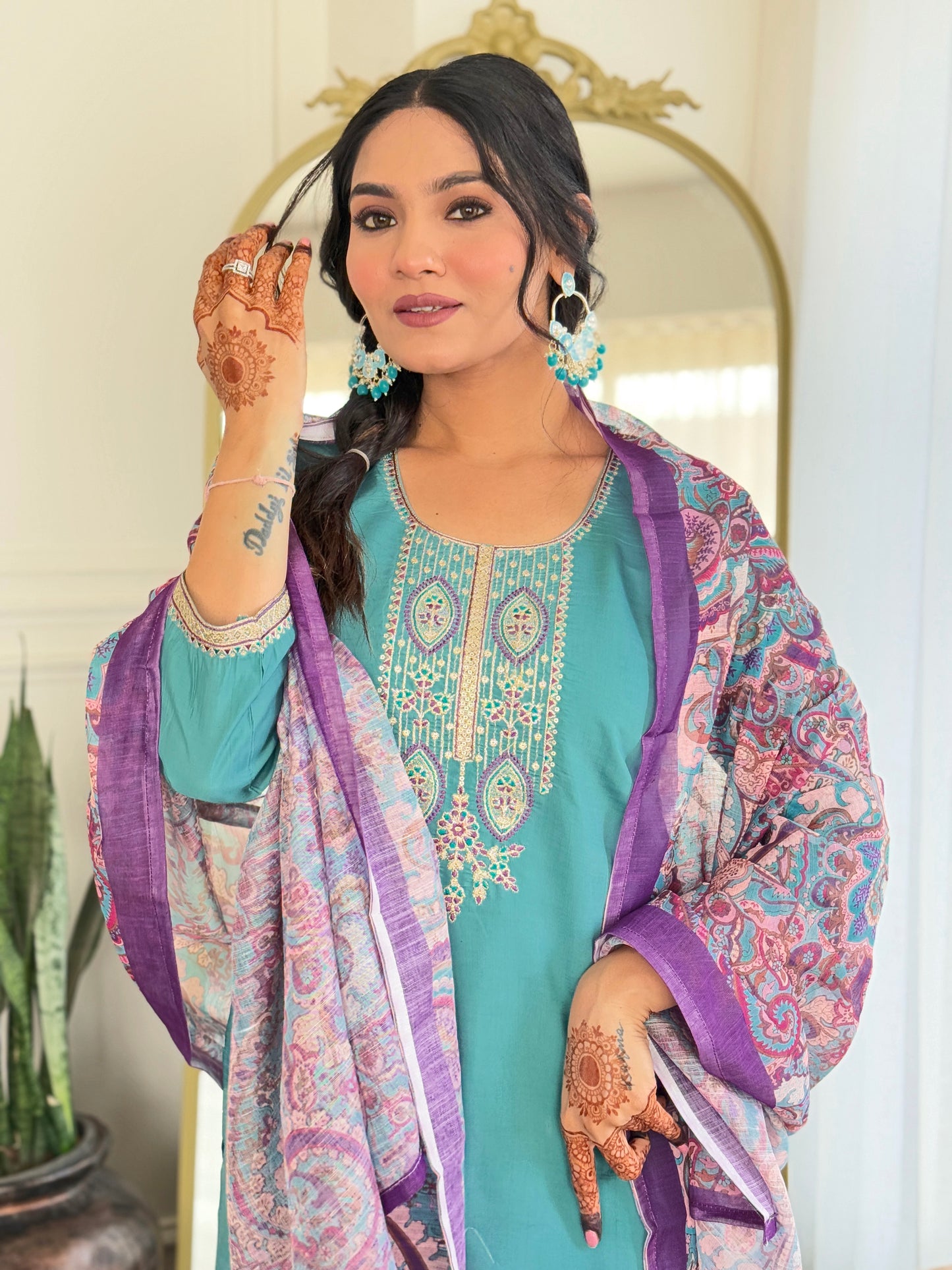 Wonderful Sky Blue Color Viscose Chanderi Salwar Suit For Special Occasion
