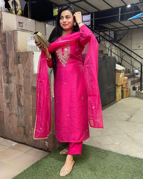 Pink color viscose chanderi salwar suit with dupatta
