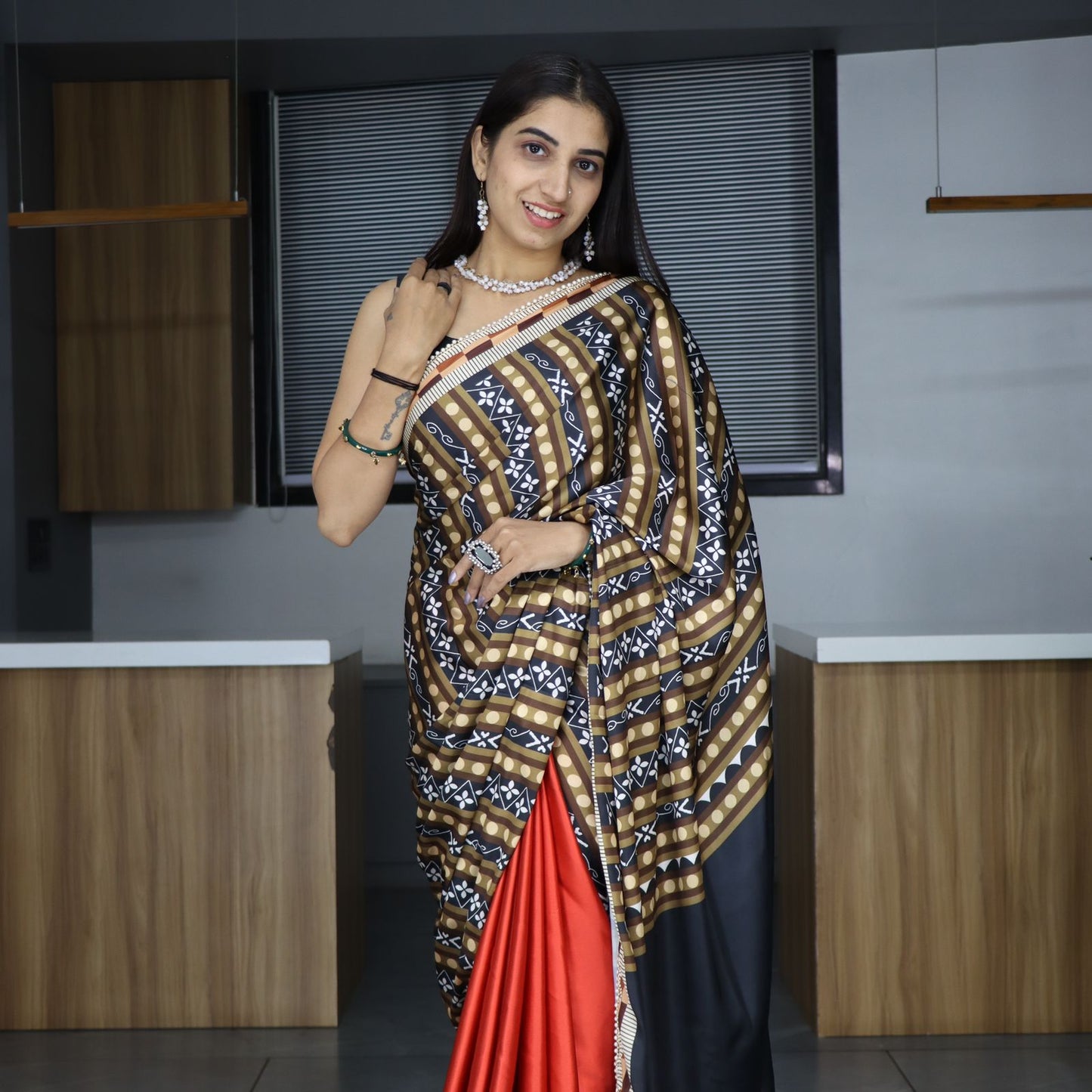Orange color japan satin saree online shopping