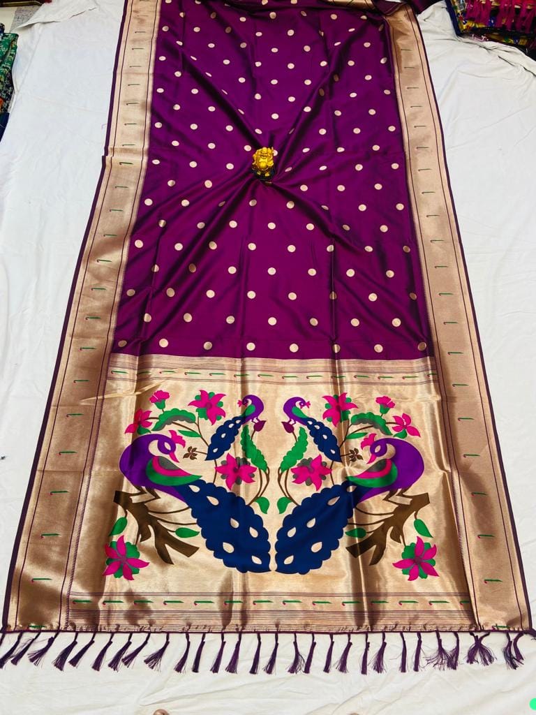 Wine color paithani silk saree with blouse images