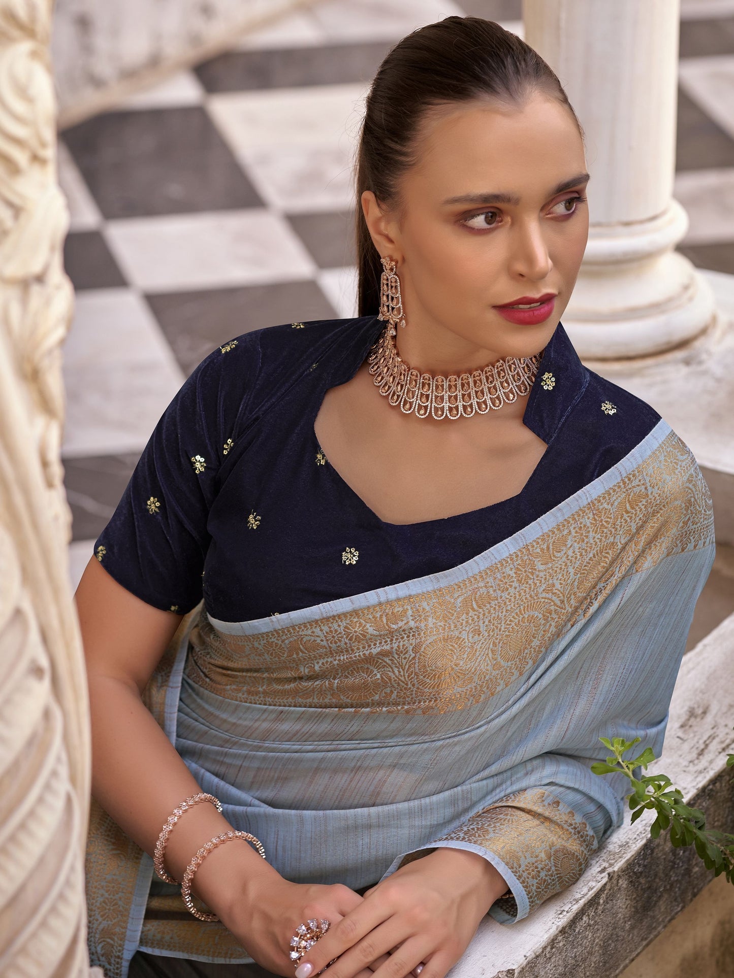 Tissue linen saree with embroidery