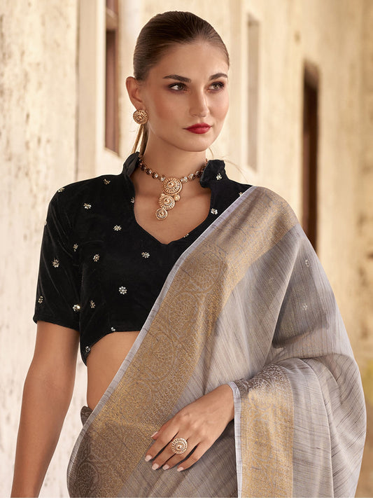 Tissue linen saree with embroidery