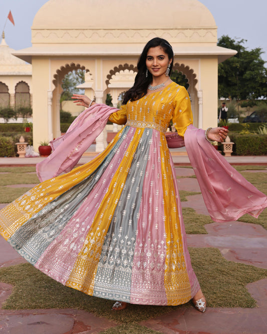 Mustard color rangoli silk salwar suit for wedding
