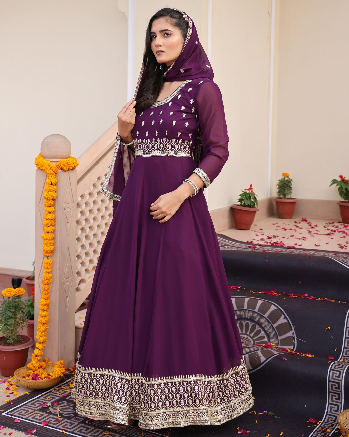 Purple color georgette gown with dupatta online