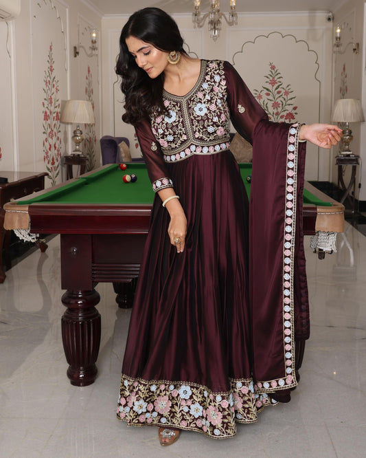 Coffee color rangoli silk salwar suit for party
