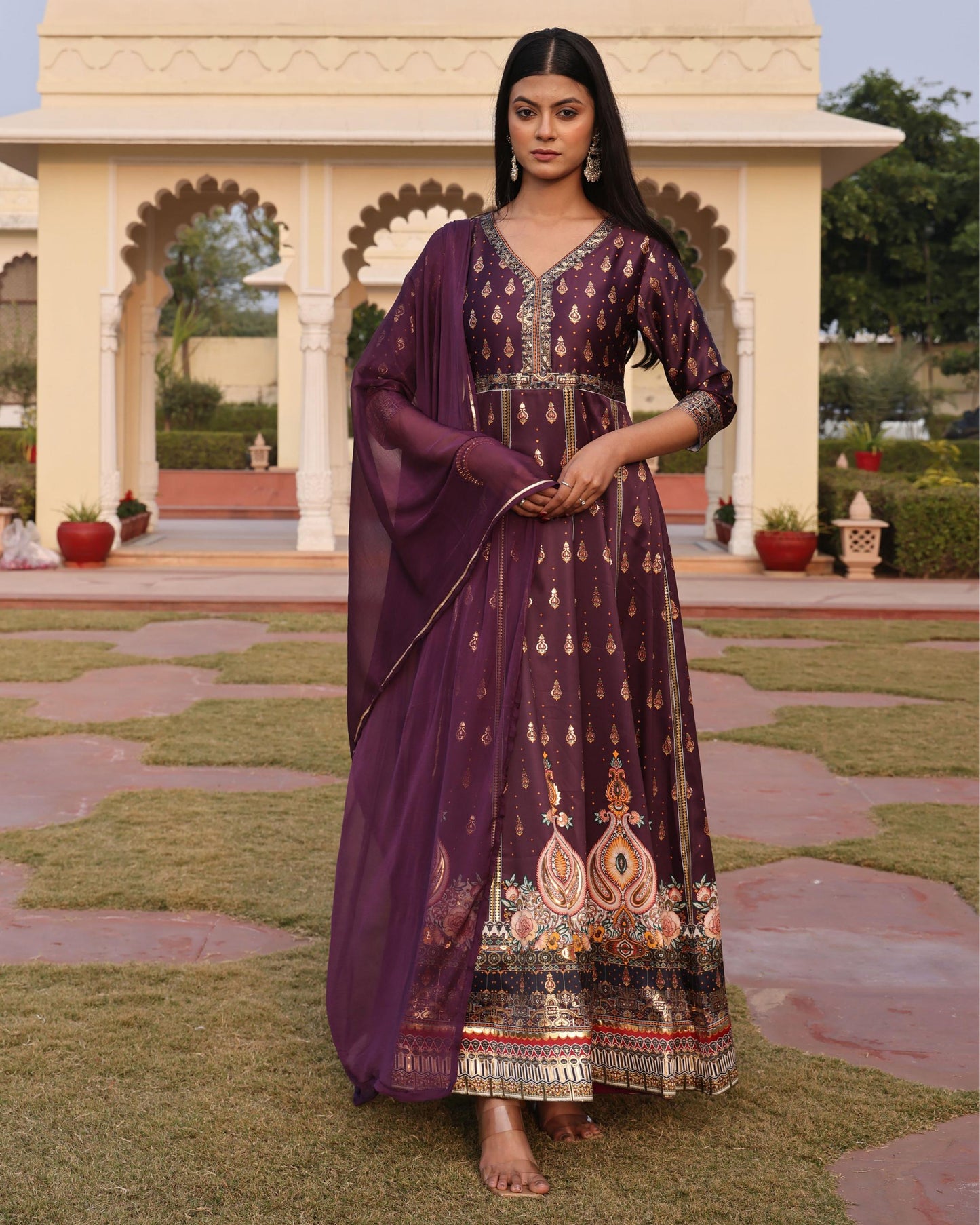 Purple color satin silk gown with dupatta price