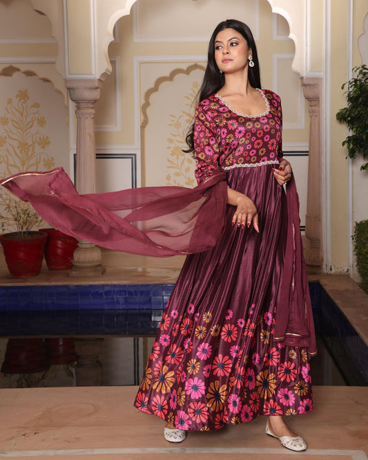 Coffee color chinon salwar suit for party