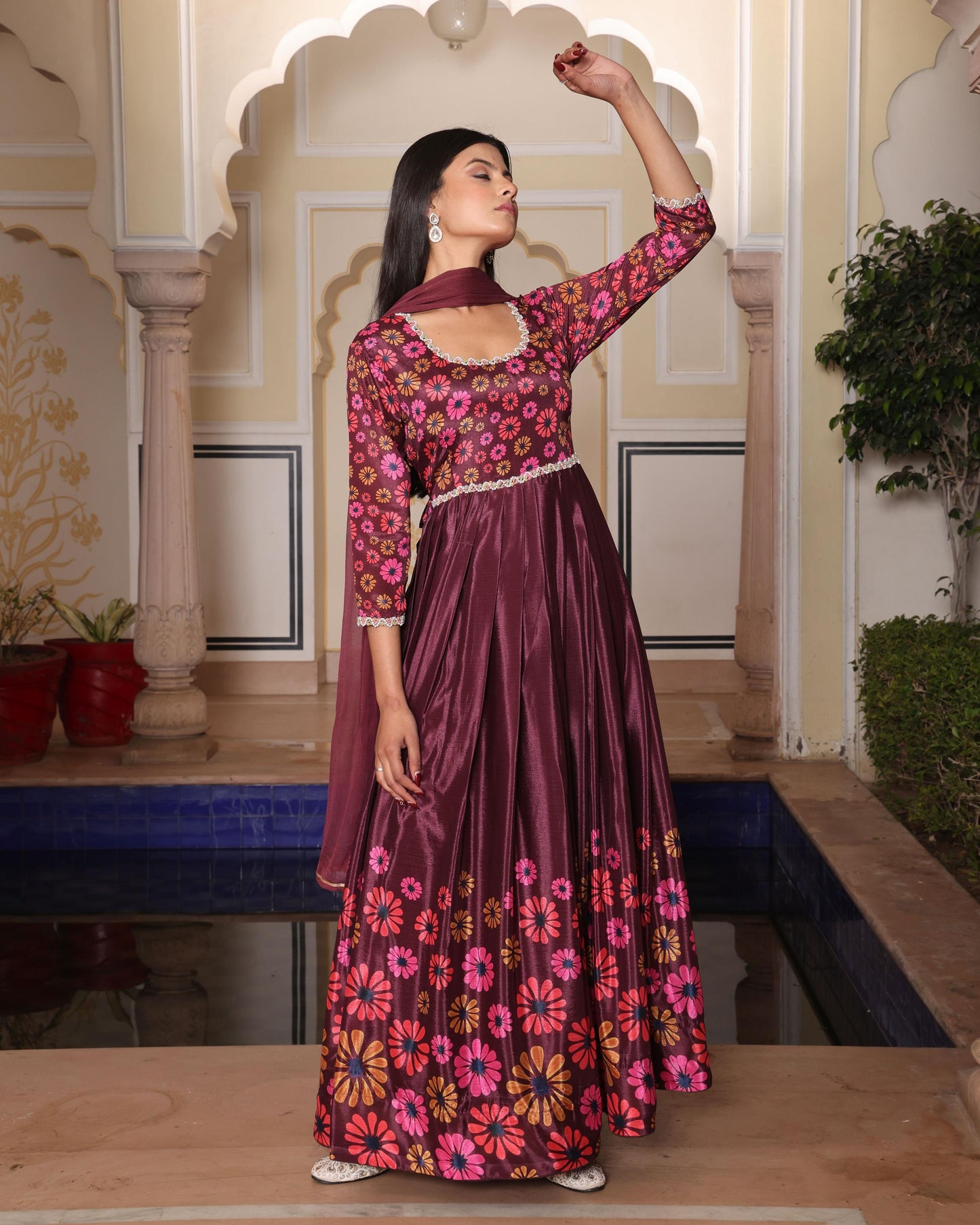 Coffee color chinon salwar suit with dupatta