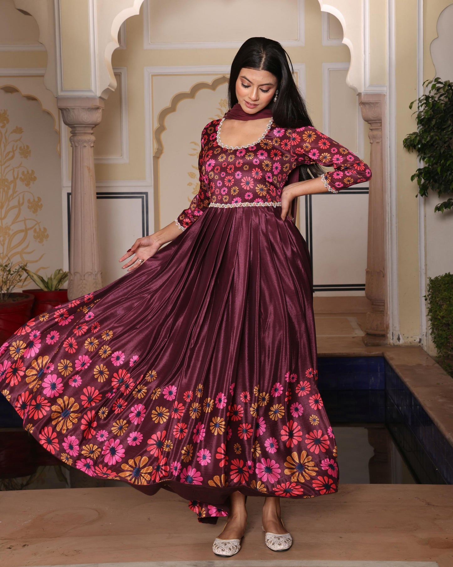 Coffee color chinon salwar suit with dupatta online