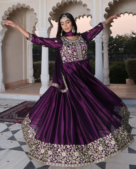 Purple color rangoli silk salwar suit for wedding