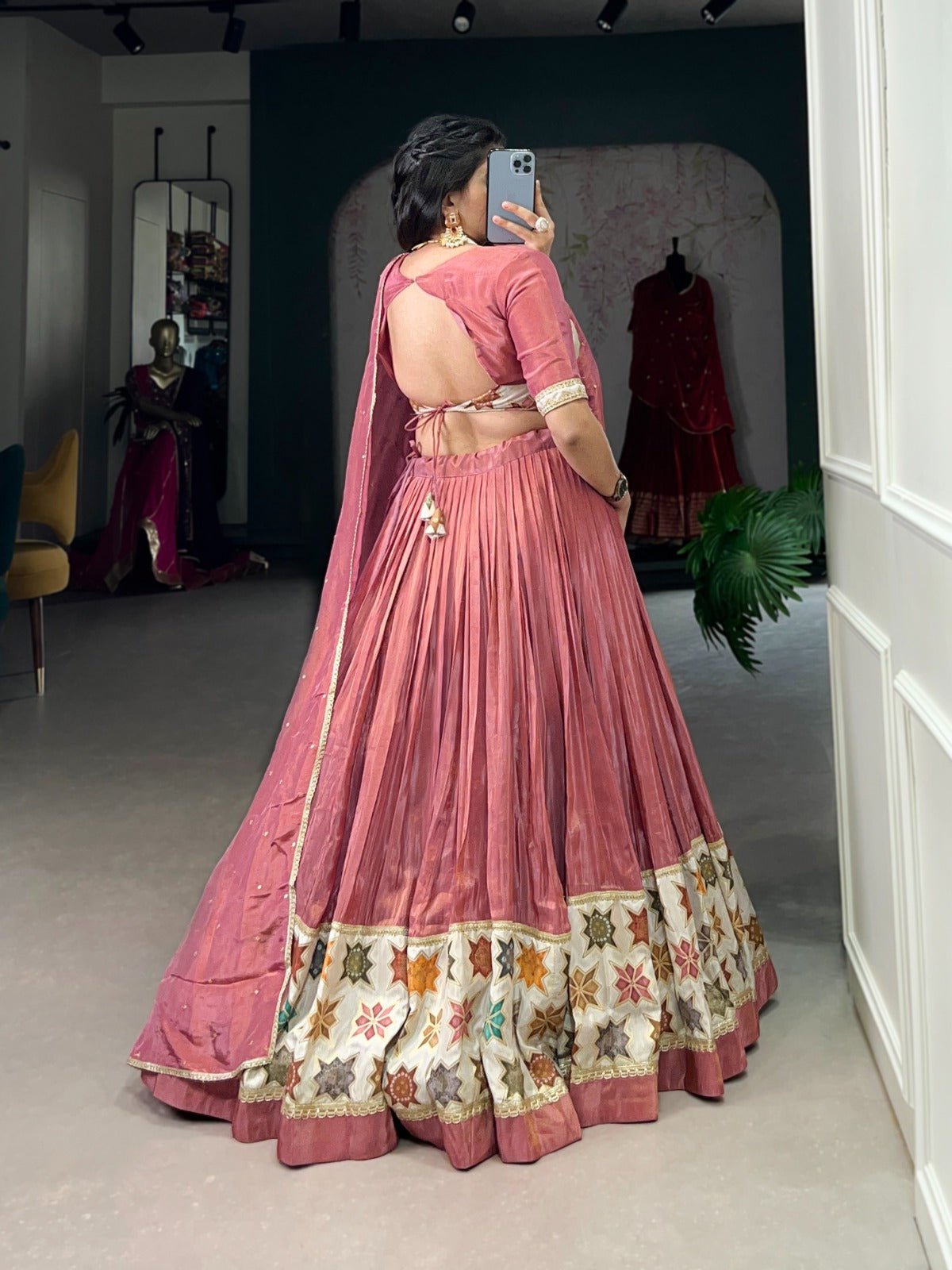 Peach color pure shimmer lehenga choli with dupatta online