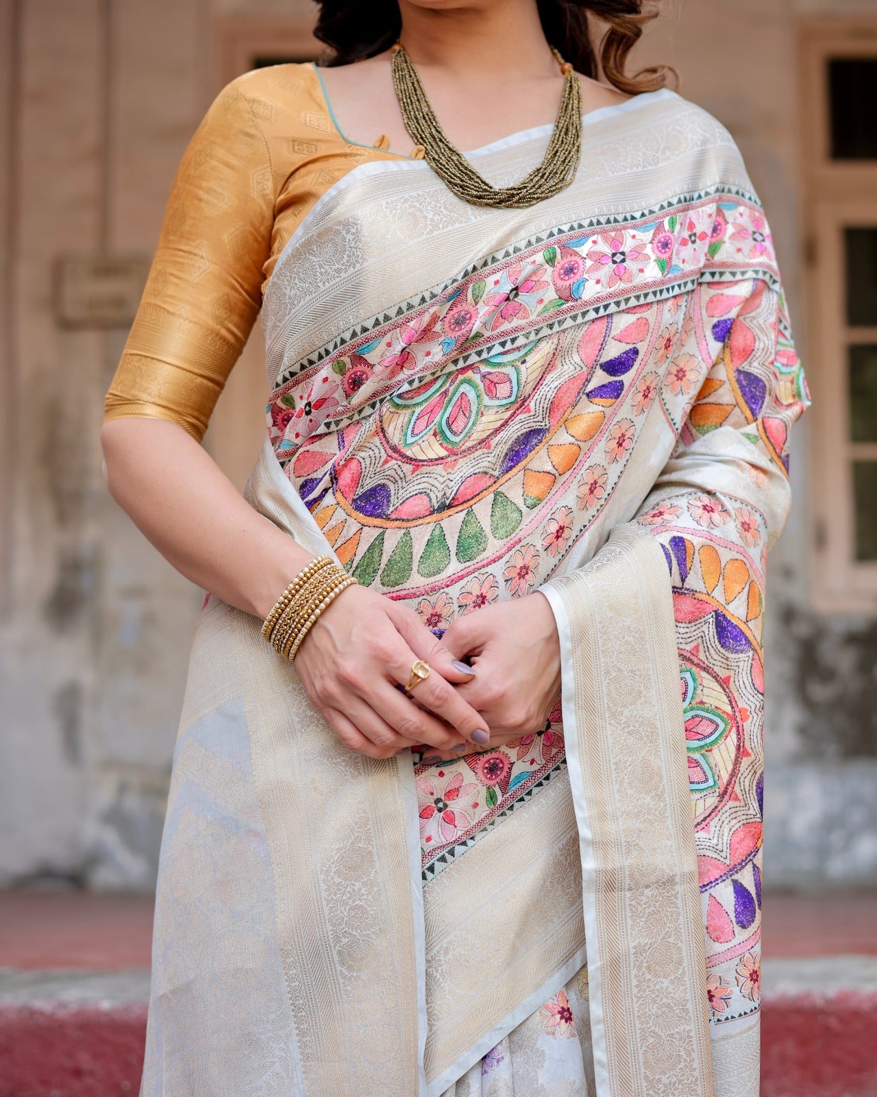 Ivory color banarasi silk saree with blouse price