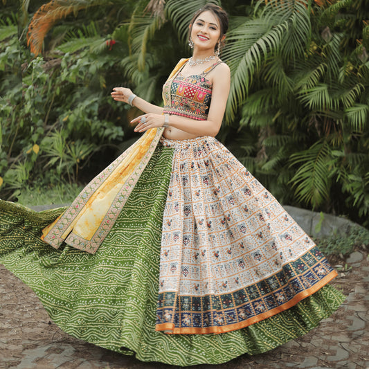 Wedding Green color slub cotton lehenga choli