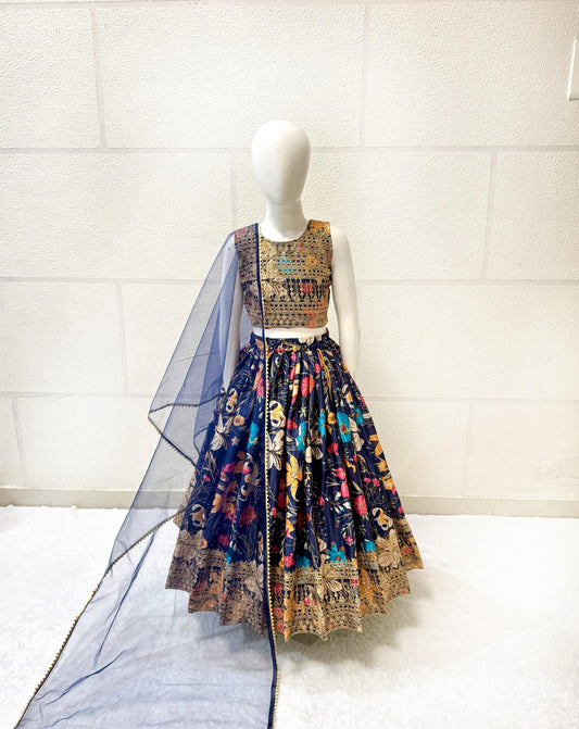 Blue color chinon silk kids lehenga choli for wedding