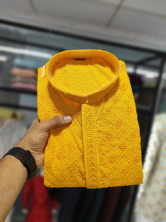 Designer Rayon Lakhnavi Work Men's Kurta With Pajama For Party