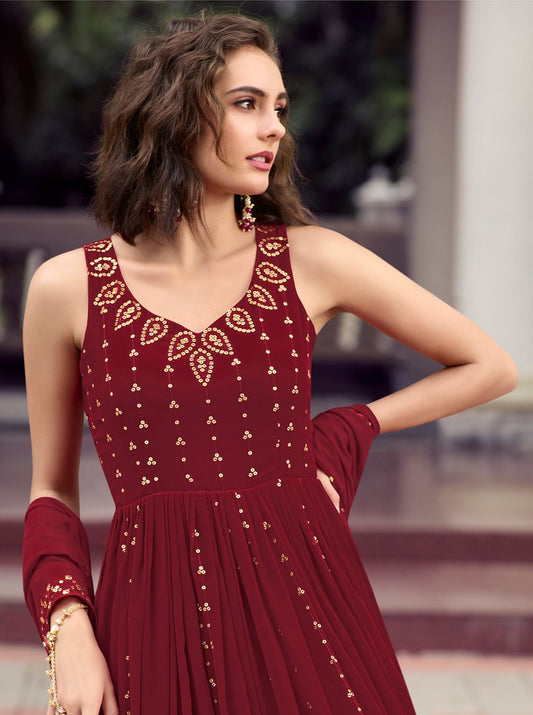 Heavy Maroon Stitched Georgette Anarkali Gown for Women