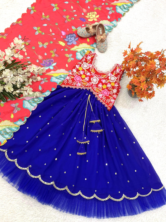 Blue color georgette lehenga choli for small girls online