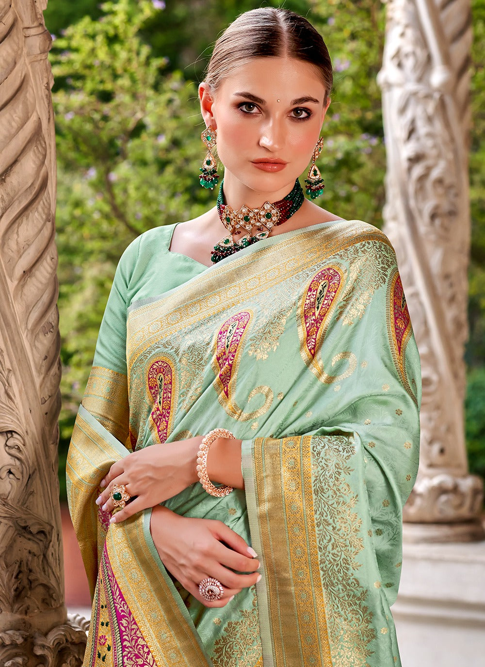 Rama color silk printed saree for women