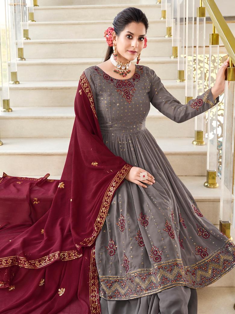 Light grey traditional top pant with dupatta for women