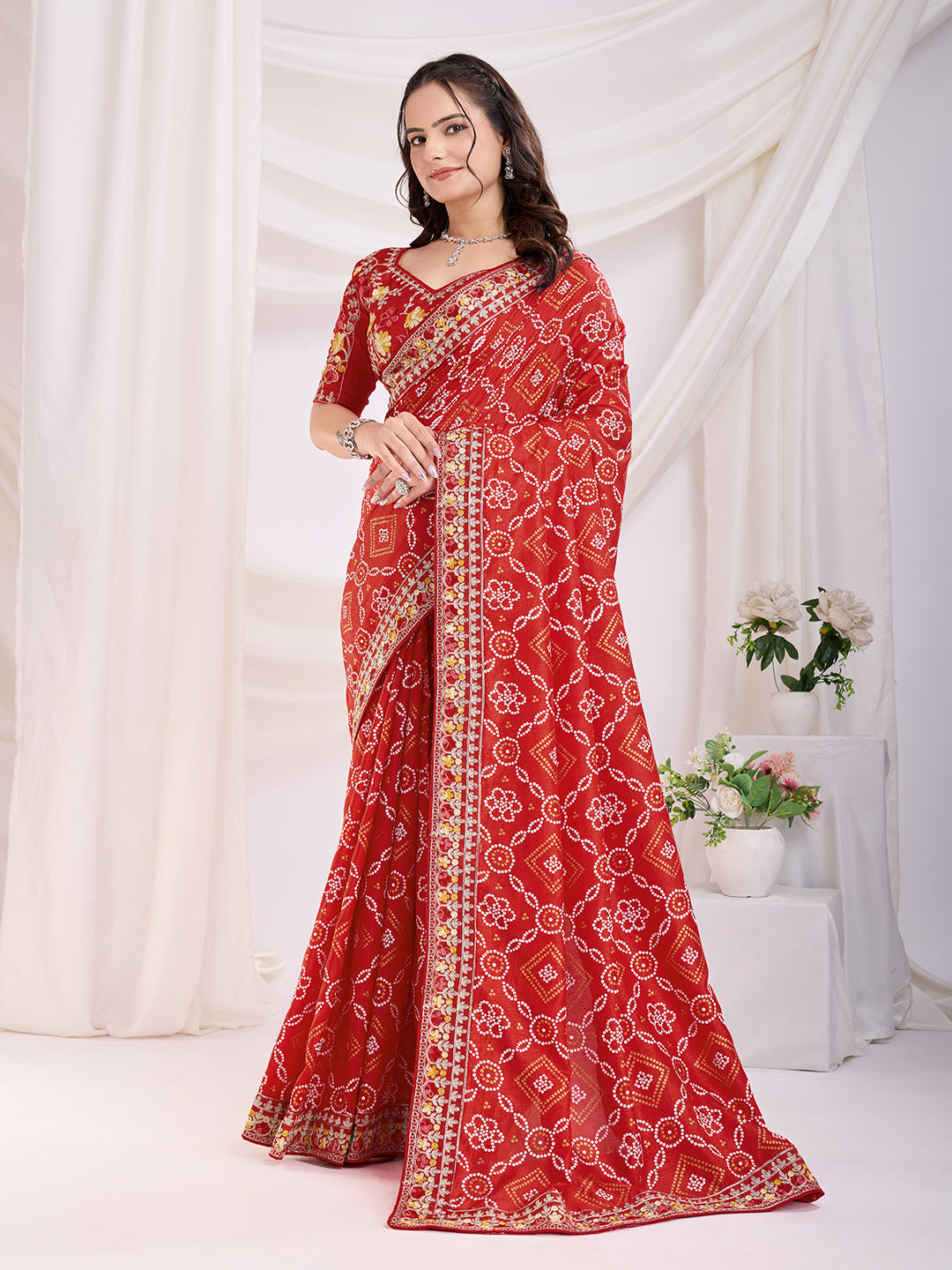 Maroon color vichitra silk saree for women