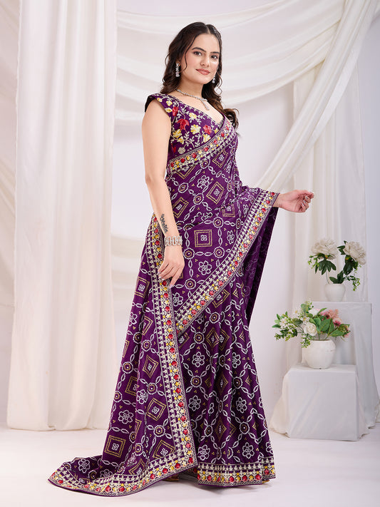 Violet color vichitra silk saree for wedding