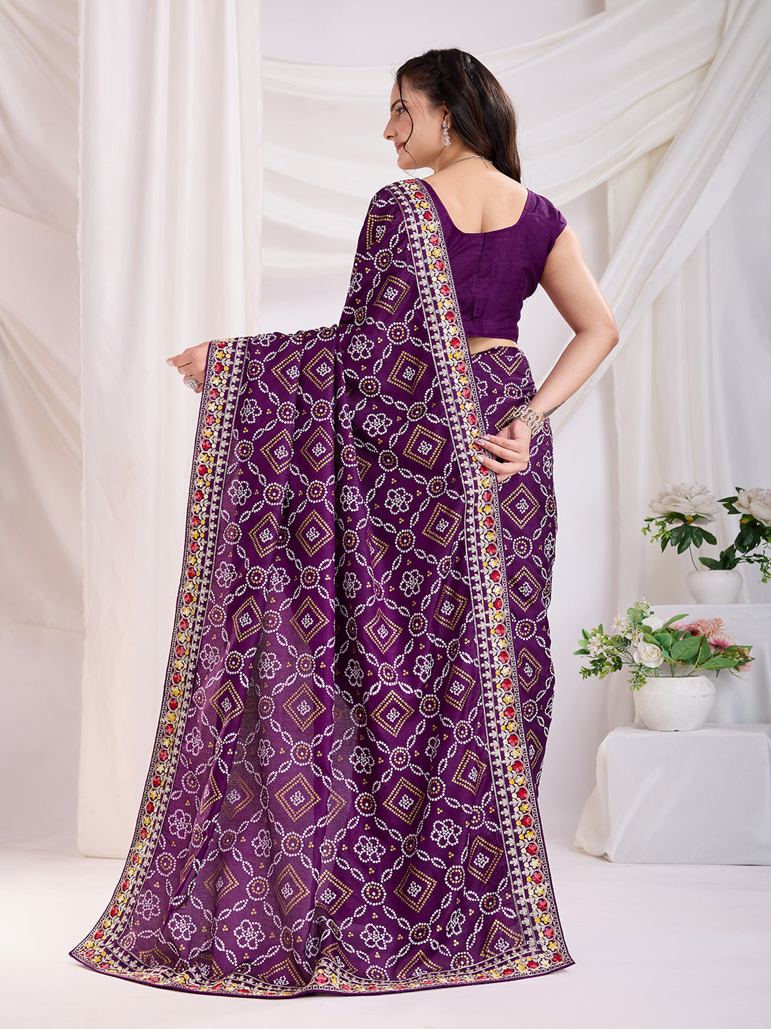 Violet color vichitra silk saree with blouse online