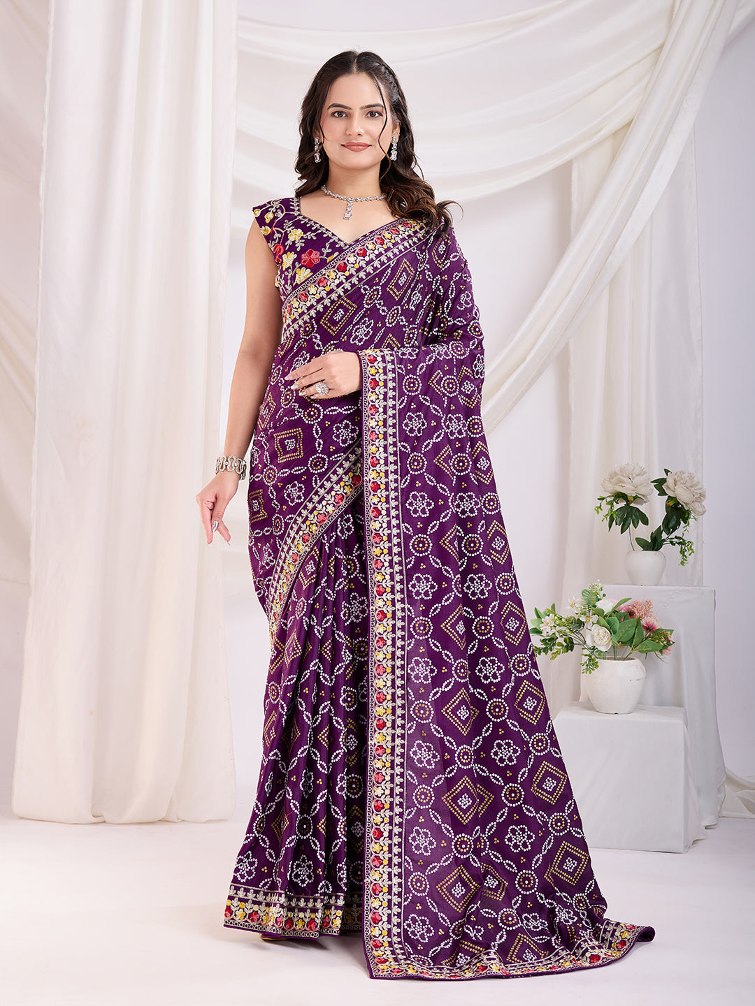 Violet color vichitra silk saree for women