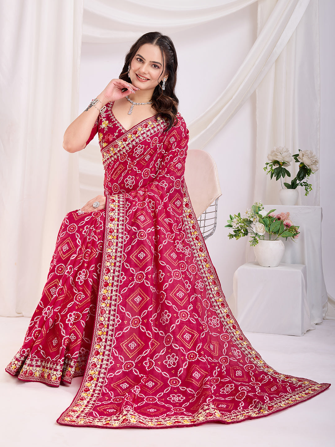 Evening Wear Red Color Vichitra Silk Designer Saree For Party